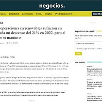 Las operaciones en renovables sufrieron en Espaa un descenso del 21% en 2022, pero el valor se mantuvo
